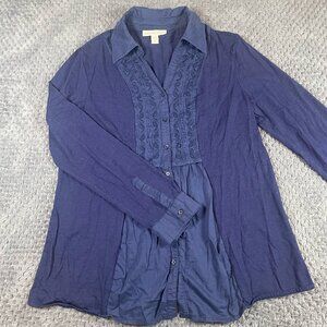 Coldwater Creek Women's Button Up Blouse Blue Sz M Floral Cottagecore Peasant